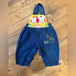 Vintage Blue Overalls with Colorful Bunny Embroidery of Just Like Daddy